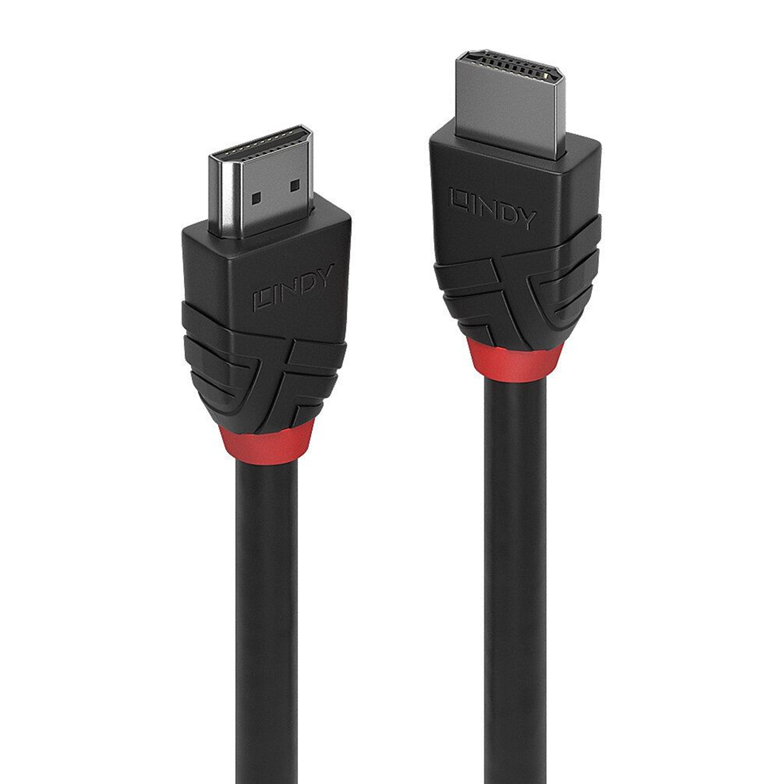 Studio angled view of the Lindy HDMI cable connectors showing the precision moulded housings, flexible cable and high quality HDMI Type A connectors engineered for dependable Ultra High Speed AV performance.