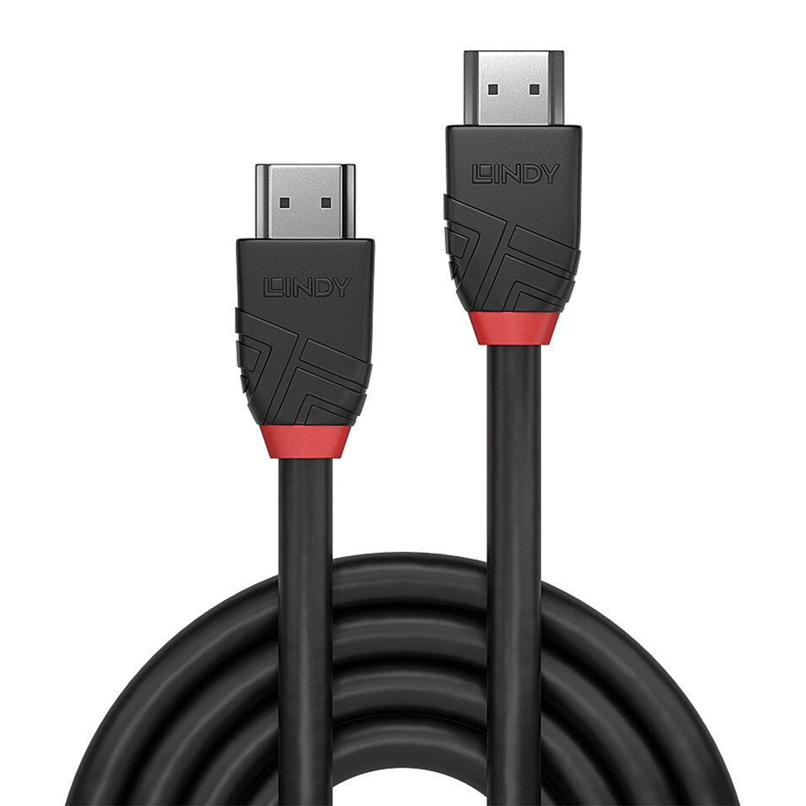 Studio product image of the Lindy 7.5m 8K60Hz HDMI Cable Black Line with both HDMI connectors standing upright above the coiled cable. The clean white background emphasises the durable cable jacket and professional connector design.