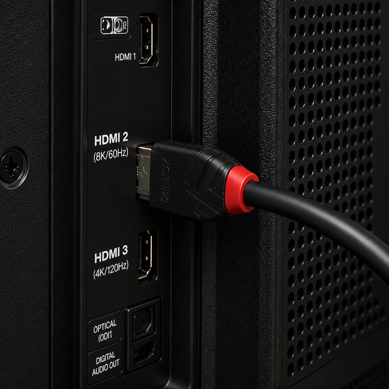 Close up of the Lindy 7.5m Black Line HDMI cable securely connected to an HDMI input on a television. The image highlights the robust connector design and reliable fit for delivering Ultra High Speed 8K video and immersive audio.