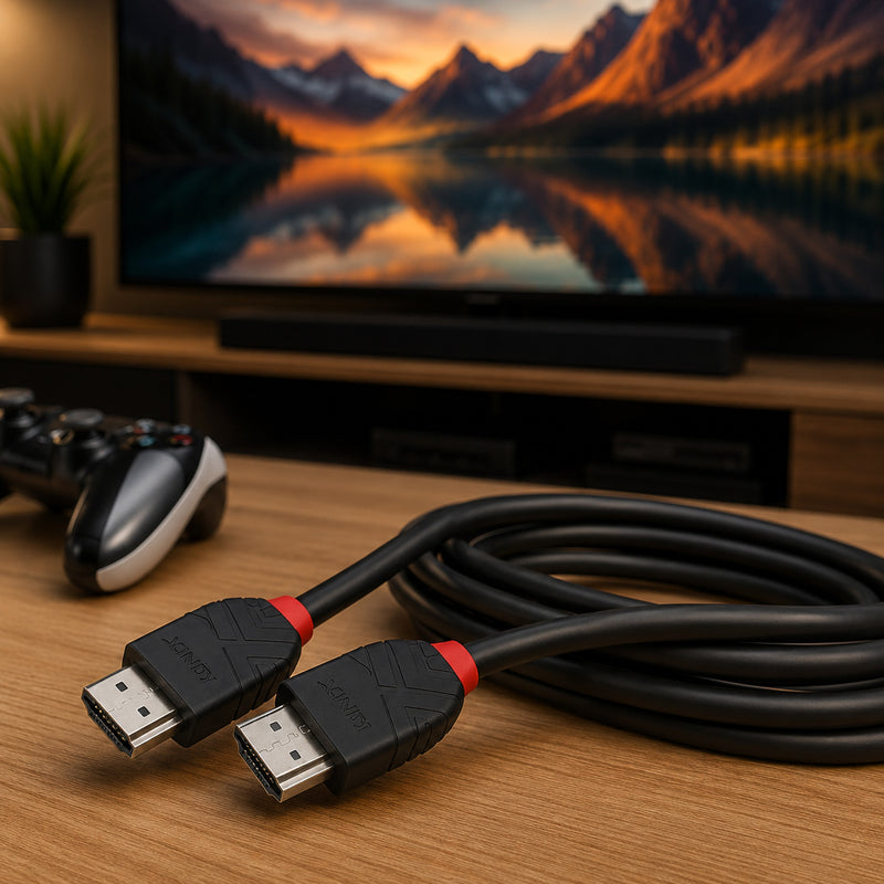 The Lindy Black Line HDMI cable is displayed on a media console in front of a television and gaming controller. The image demonstrates its suitability for home theatre systems, 8K televisions, gaming consoles and high performance audiovisual connections.