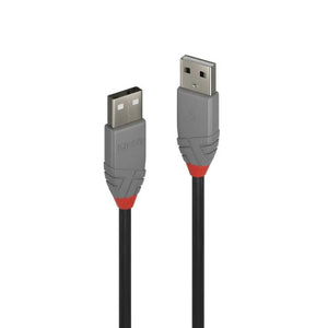 Lindy Anthra Line 0.2m USB 2.0 Type A to A Cable, two grey USB-A plugs with red collars on black cable