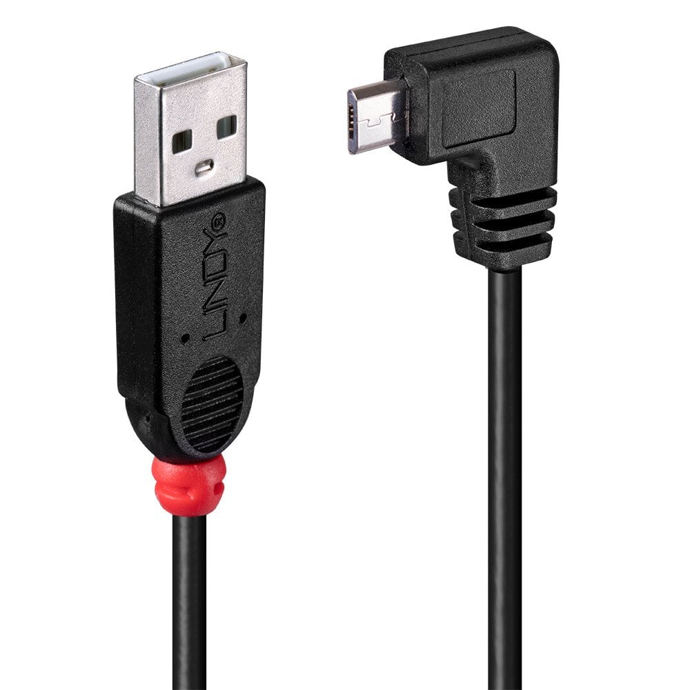 Lindy USB Type A to 90 degree Micro-B cable ends upright, black moulded USB-A plug beside the right-angled Micro-B plug
