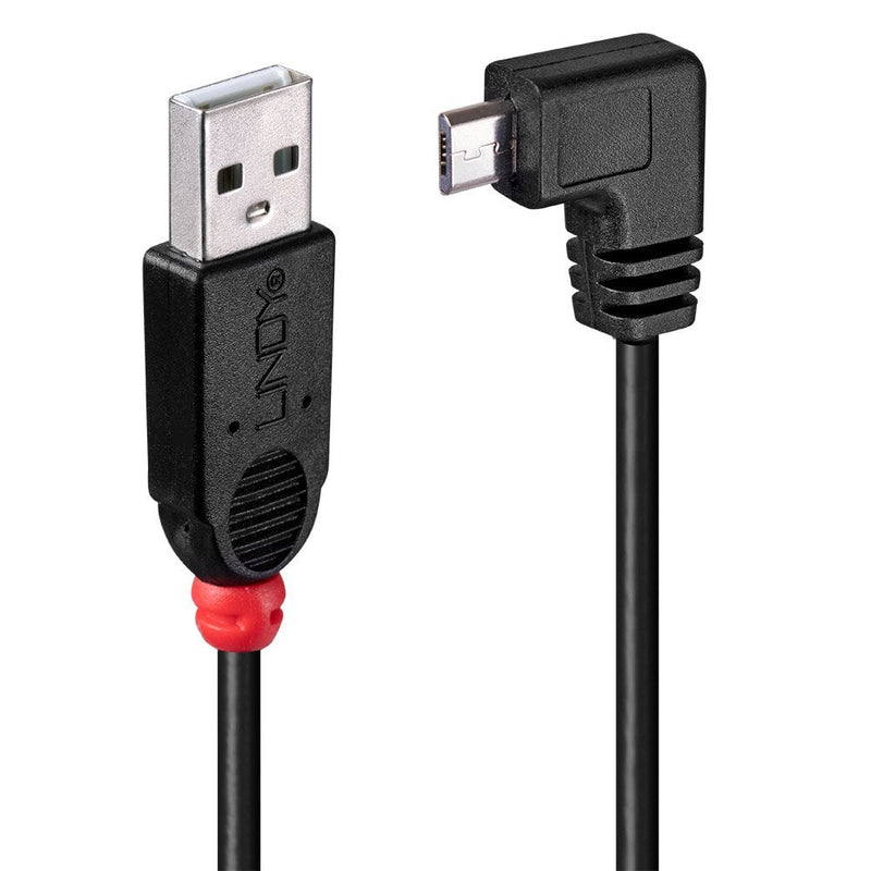 Lindy USB Type A to 90 degree Micro-B cable ends upright, black moulded USB-A plug beside the right-angled Micro-B plug
