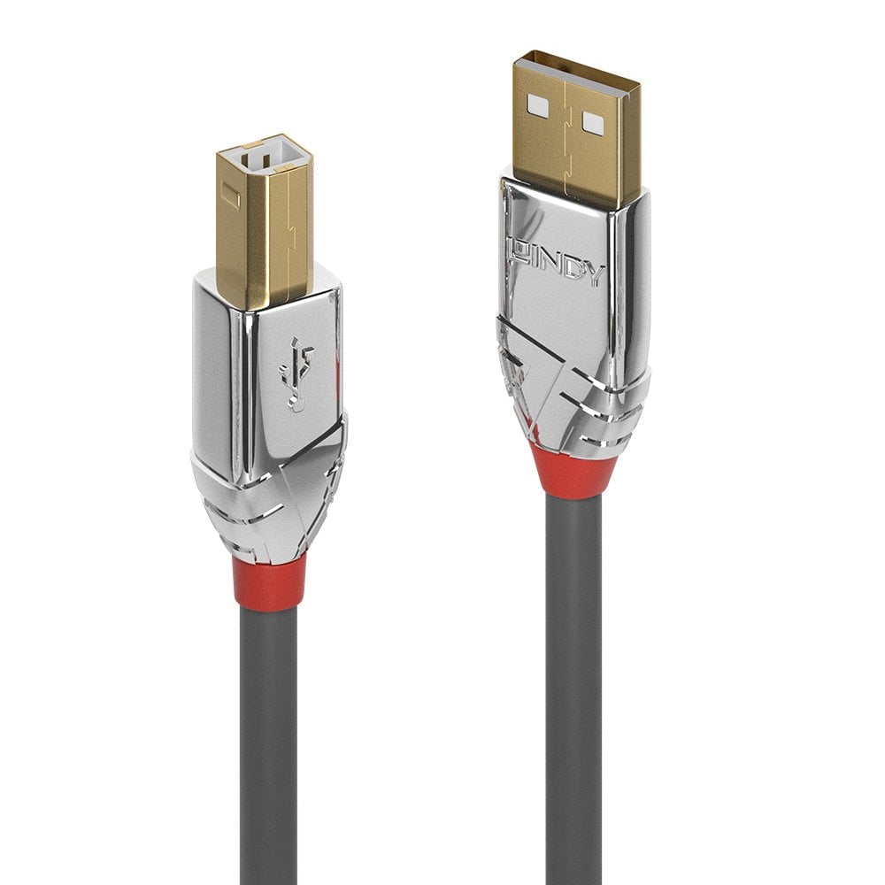 Close-up of the Lindy Cromo Line USB Type B and Type A plugs, chrome design housings with gold plated connectors and red collars