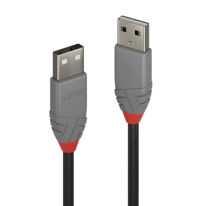Close detail of the two USB Type A plugs on the Lindy Anthra Line 0.2m A to A cable, grey with red collars
