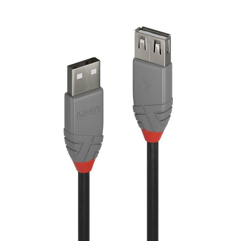 Close up of the Lindy Anthra Line 3m USB 2.0 extension cable, showing the grey Type A plug and socket housings with red collars
