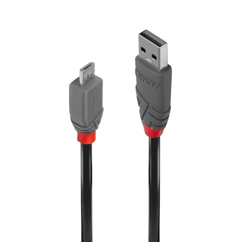 Close up of the grey Lindy Anthra Line Micro-B and USB Type A connector housings on the 3m USB 2.0 cable, with Lindy moulding and red collars