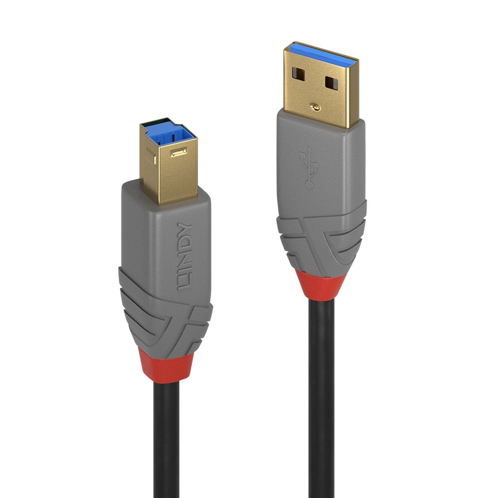Close detail of the Lindy Anthra Line USB 3.0 Type B and Type A plugs, gold plated contacts, grey housings with red collars