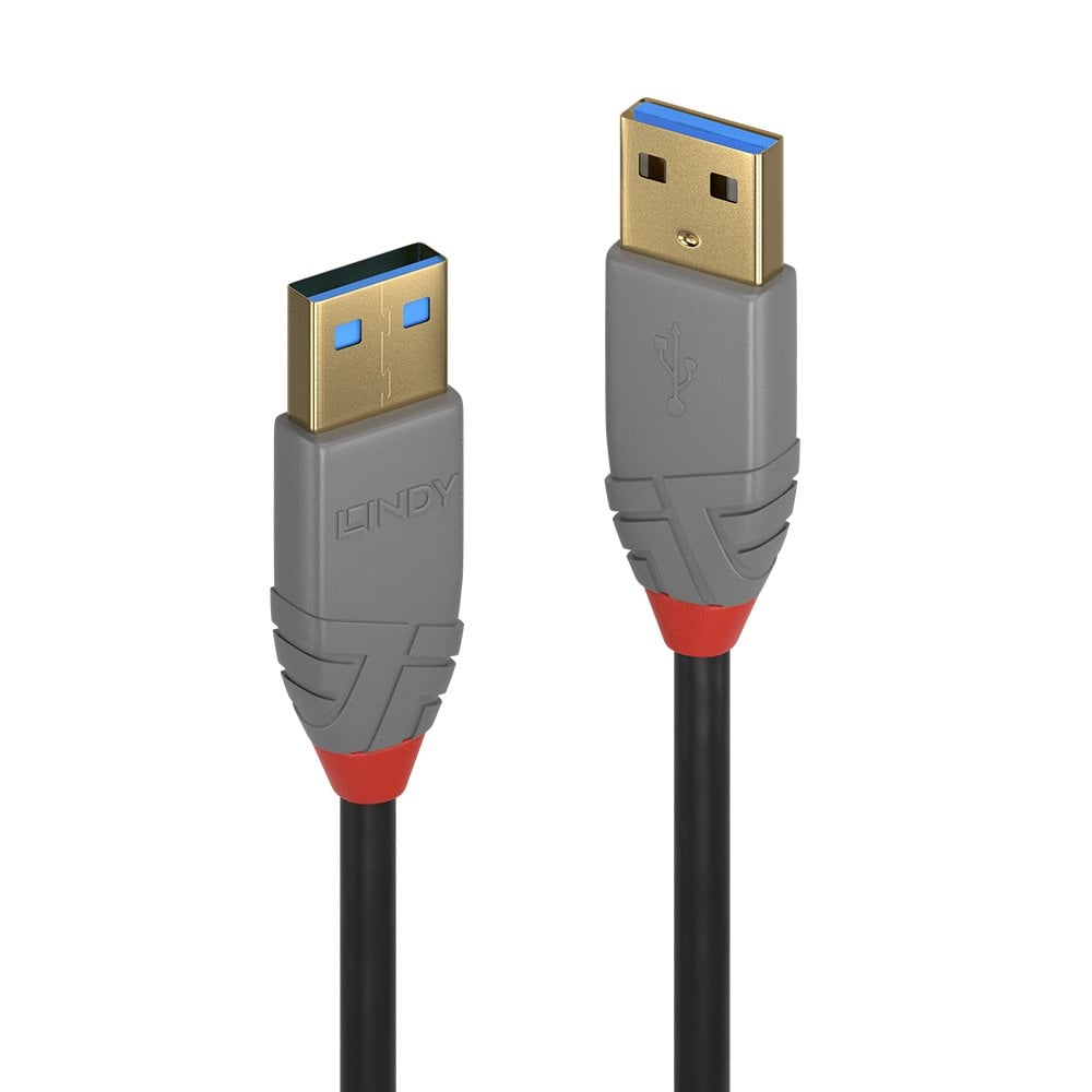 Closer view of both grey Lindy Anthra Line USB 3.0 Type A plugs, showing the gold-coloured shells, blue inserts and red collars