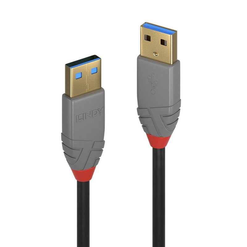 Closer view of both grey Lindy Anthra Line USB 3.0 Type A plugs, showing the gold-coloured shells, blue inserts and red collars