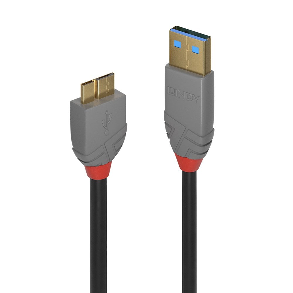Closer view of the Lindy Anthra Line USB 3.0 Micro-B and Type A connectors, showing the gold-coloured plugs and blue Type A insert