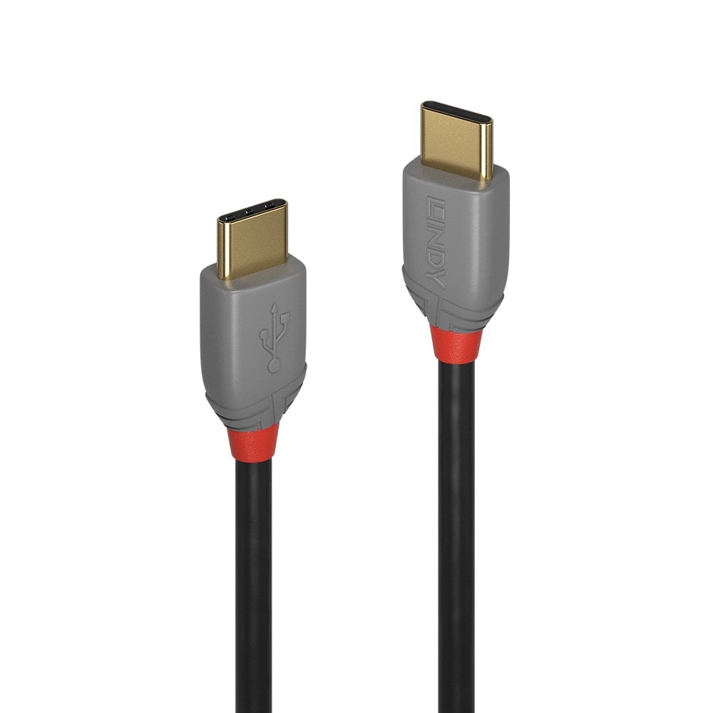 Close up of the grey Lindy Anthra Line USB-C connector housings with gold tips and red collars on the 3m USB 2.0 cable