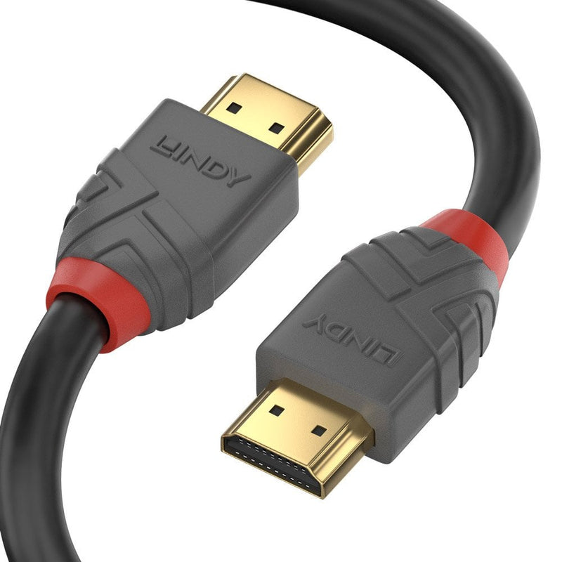 Lindy 2m High Speed HDMI Cable Anthra Line, angled close-up of two crossed grey HDMI plugs showing the Lindy logo and gold plated connectors