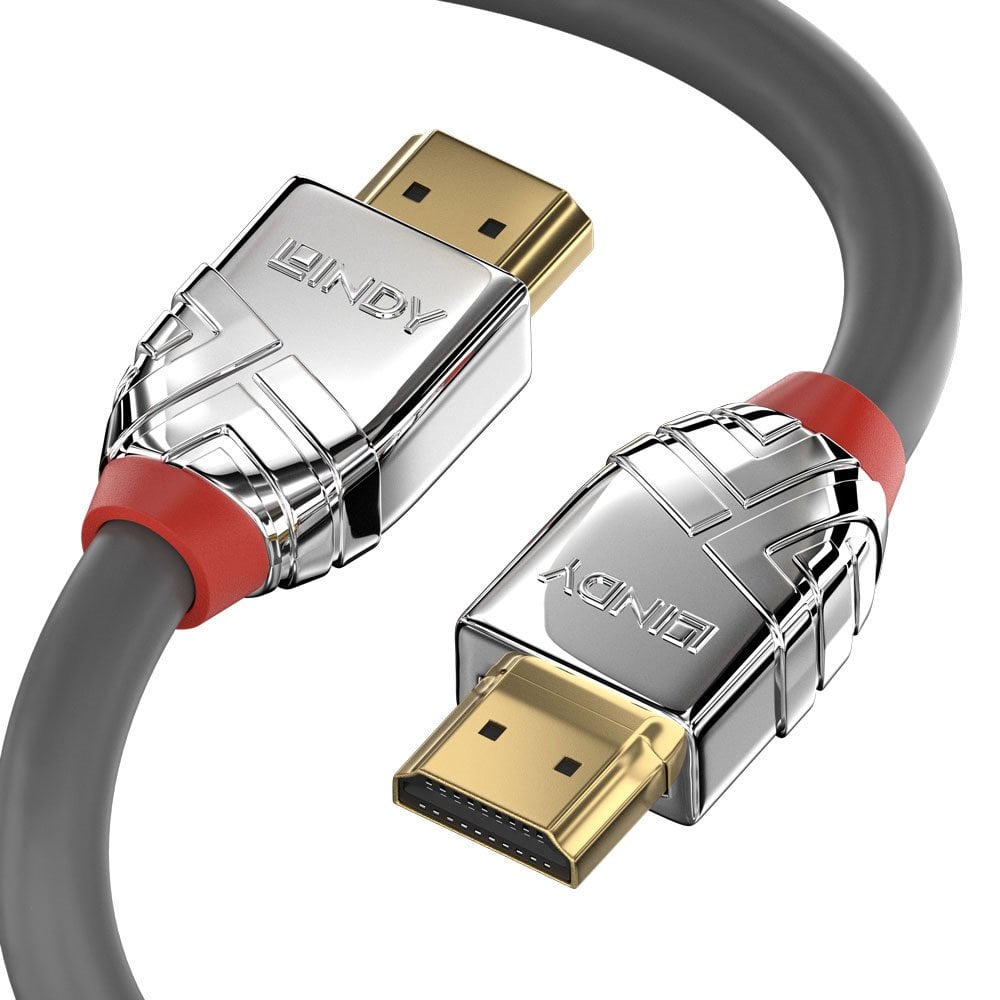 Detail shot of the Lindy 3m High Speed HDMI Cable Cromo Line, chrome HDMI housings with Lindy logo, red collars and gold plated plugs