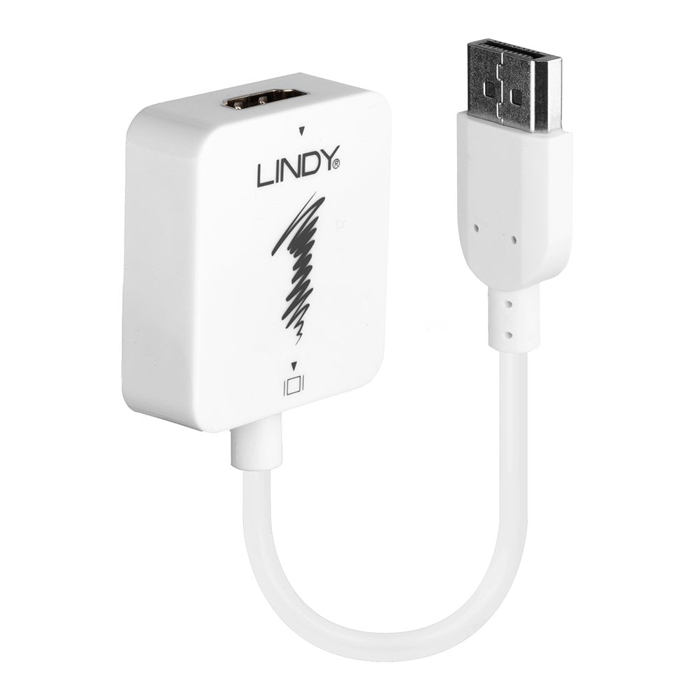 Lindy HDMI to DisplayPort UHD 4K Converter in white, close view of the housing with Lindy logo beside the DisplayPort male plug