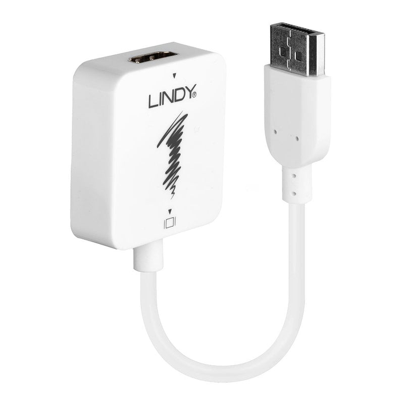 Lindy HDMI to DisplayPort UHD 4K Converter in white, close view of the housing with Lindy logo beside the DisplayPort male plug