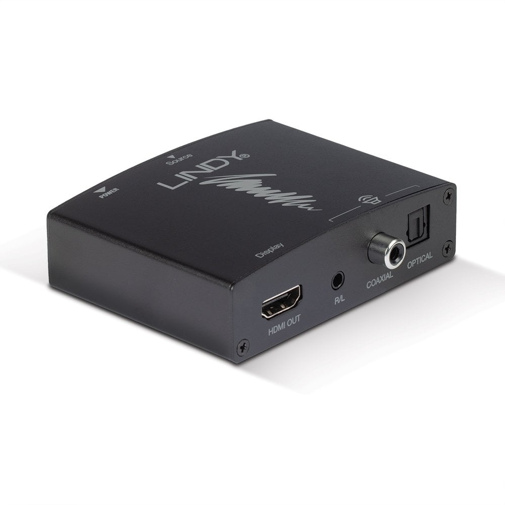 Lindy HDMI 4K Audio Extractor viewed from above at an angle with the HDMI, analogue and optical output ports along the front