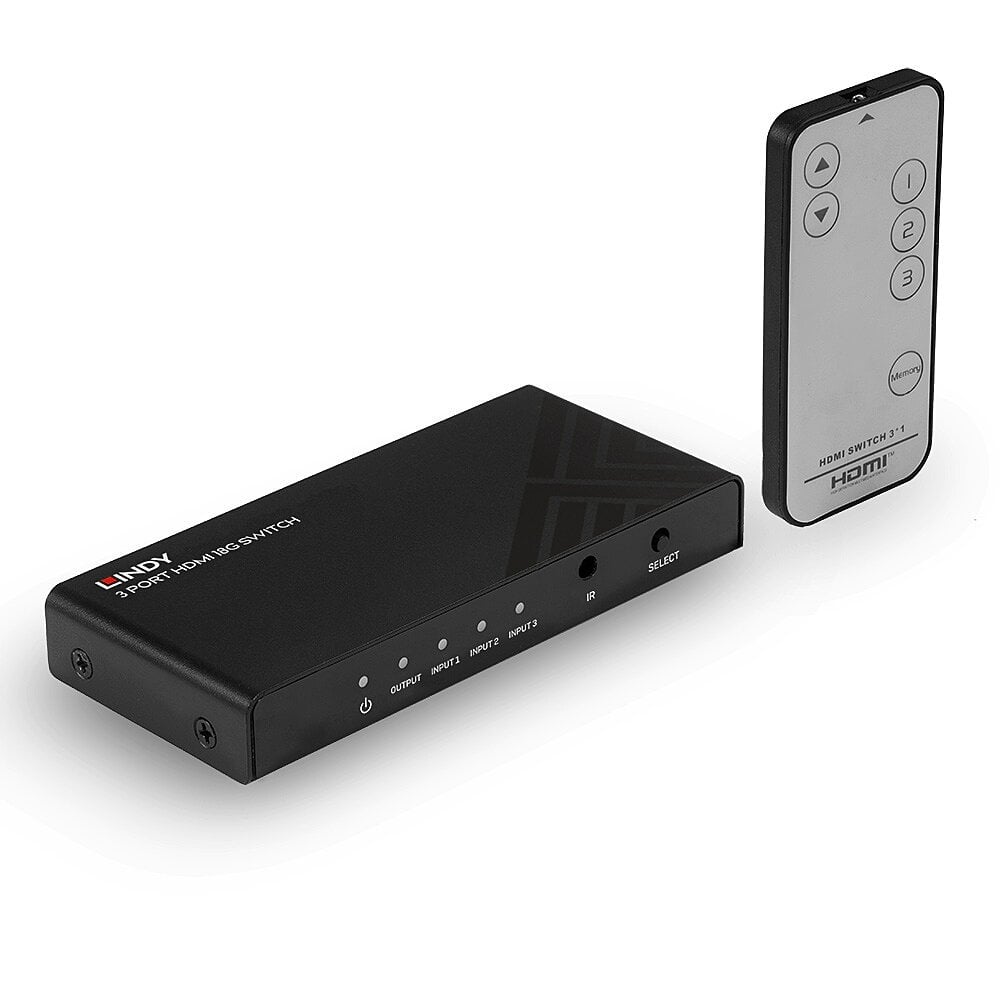 Lindy 3 Port HDMI 18G Switch shown from above with its slim IR remote control standing beside it