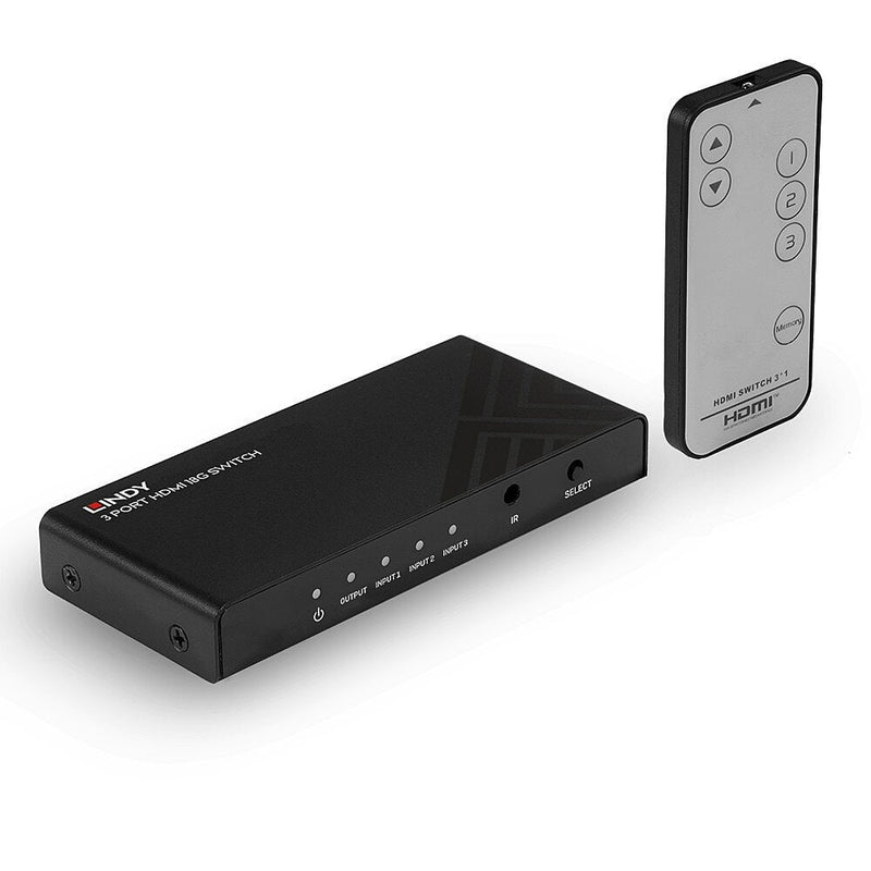 Lindy 3 Port HDMI 18G Switch shown from above with its slim IR remote control standing beside it