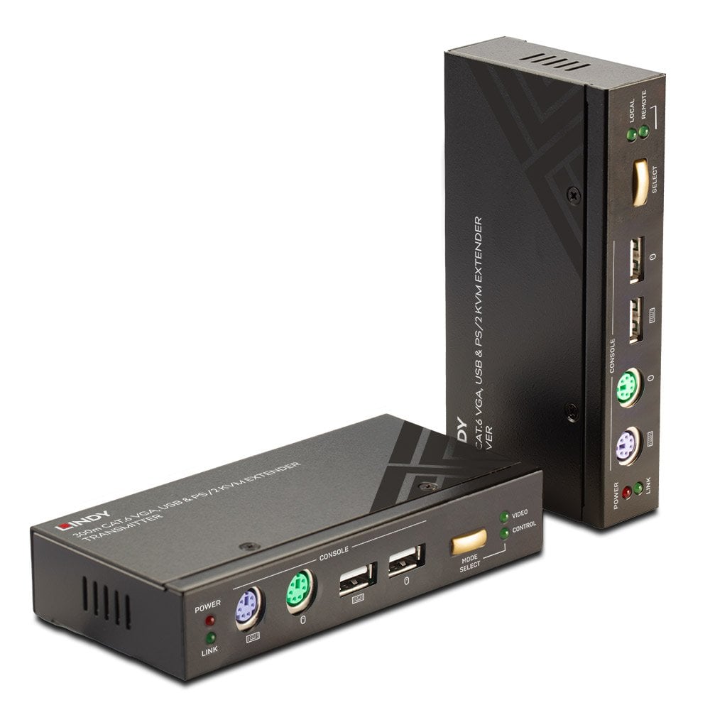 Current Lindy 300m Cat6 VGA, USB and PS/2 KVM Extender units in black housings, one upright, showing VGA, USB and PS/2 console ports
