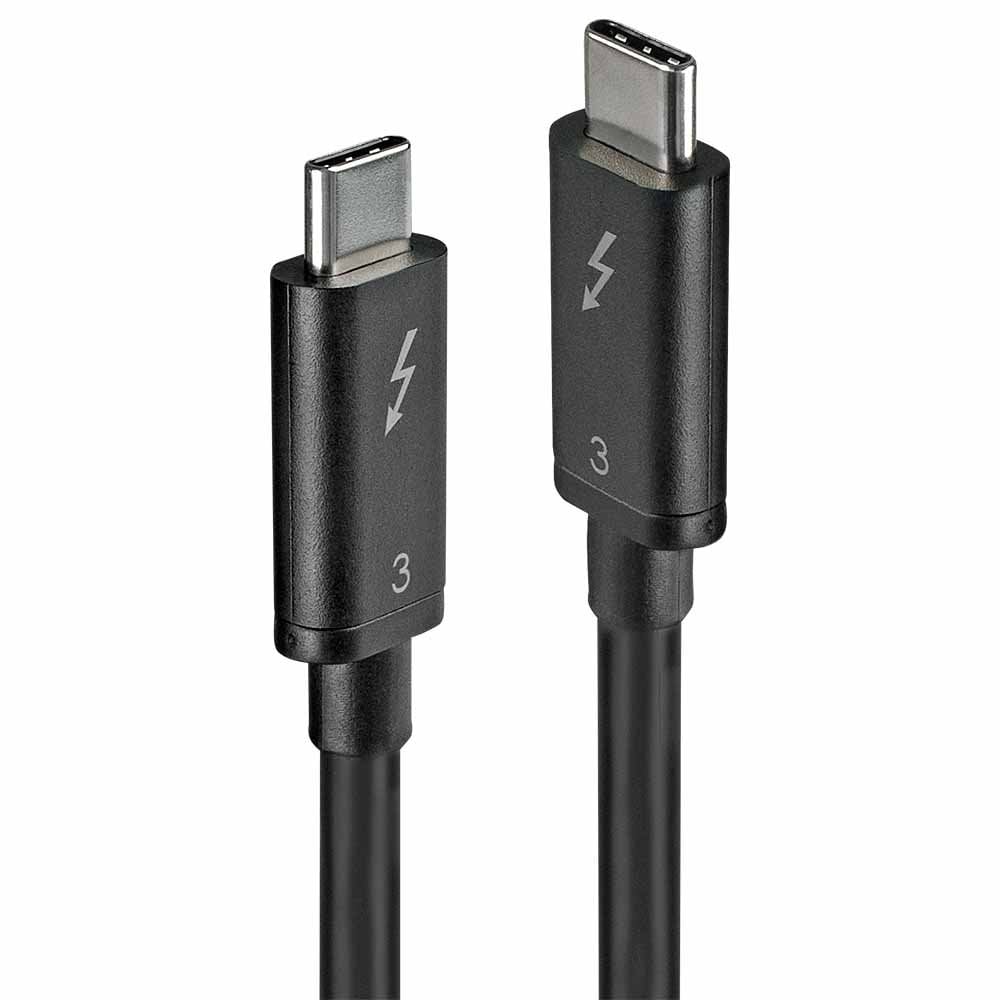 Lindy 0.5m Thunderbolt 3 cable plugs standing upright, black USB-C housings marked with the Thunderbolt symbol and 3