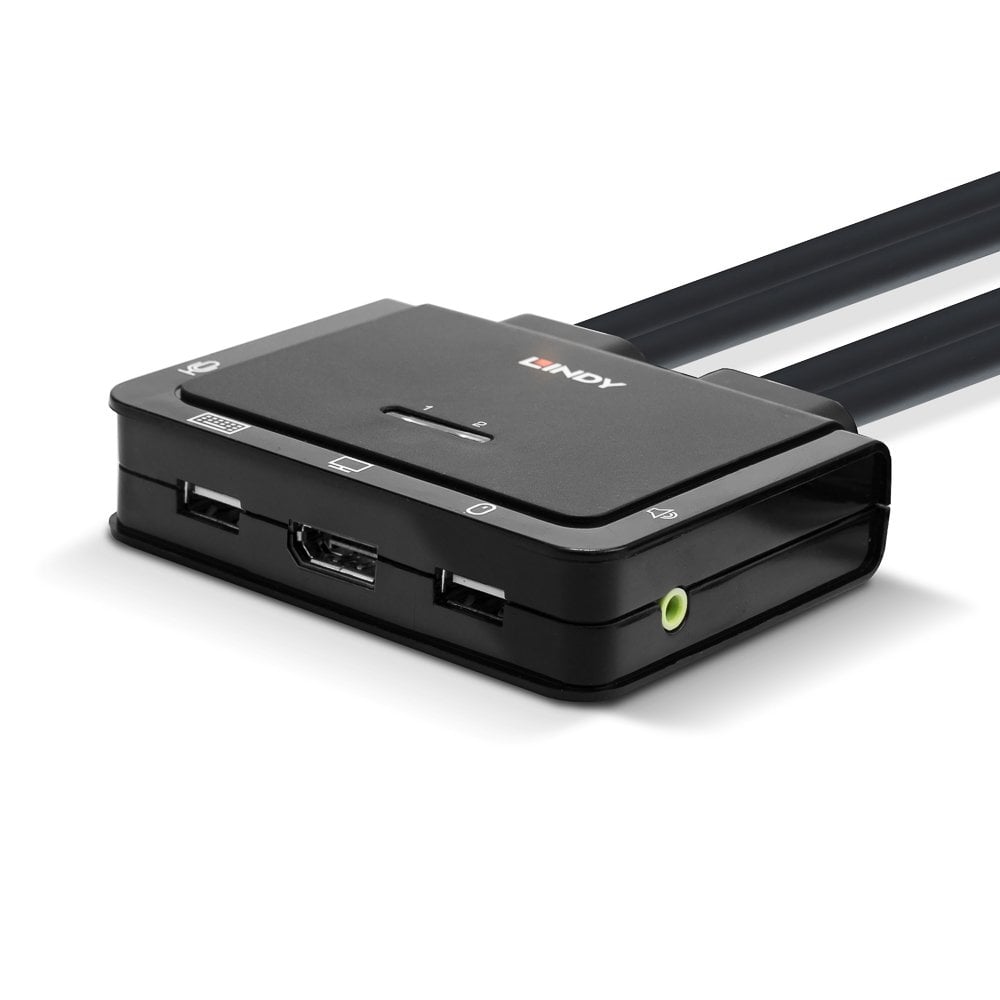 Lindy 2 Port DisplayPort 1.2 USB 2.0 and Audio Cable KVM Switch from a low front angle, showing ports and flat integrated cables
