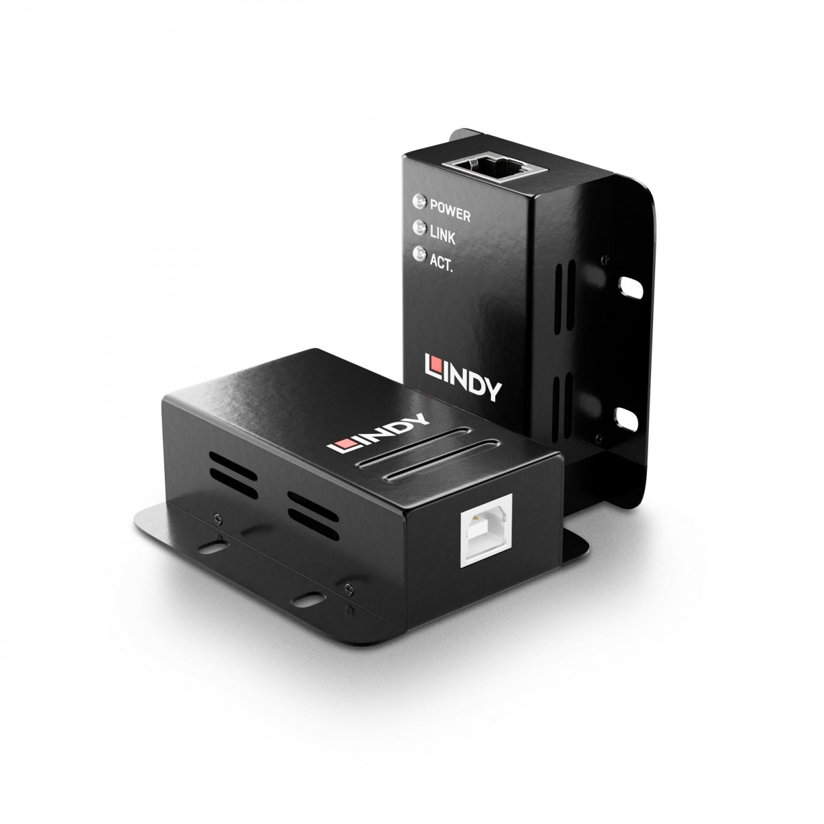 Lindy 50m Cat6 USB 2.0 Extender with Power Over Cat6 units, one upright showing the RJ45 port and Power, Link and Act LEDs, the other the USB B port
