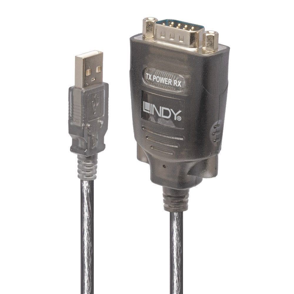 Lindy USB to RS-232 serial converter with COM retention shown upright, transparent grey 9 way male serial head and USB Type A plug