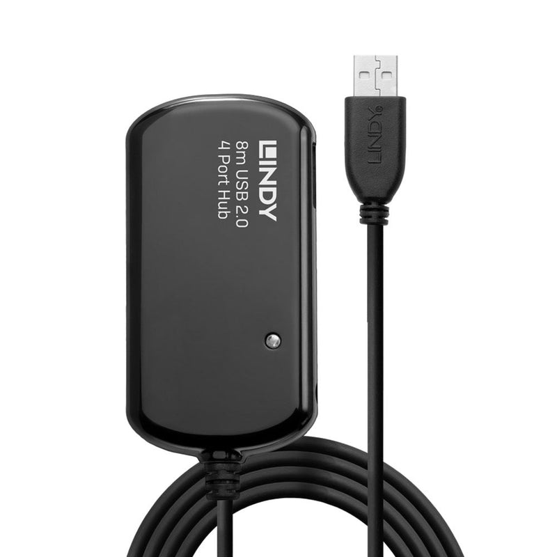 Lindy 8m USB 2.0 Active Extension Pro 4 Port Hub with printed 8m USB 2.0 4 Port Hub label, cable and USB-A plug