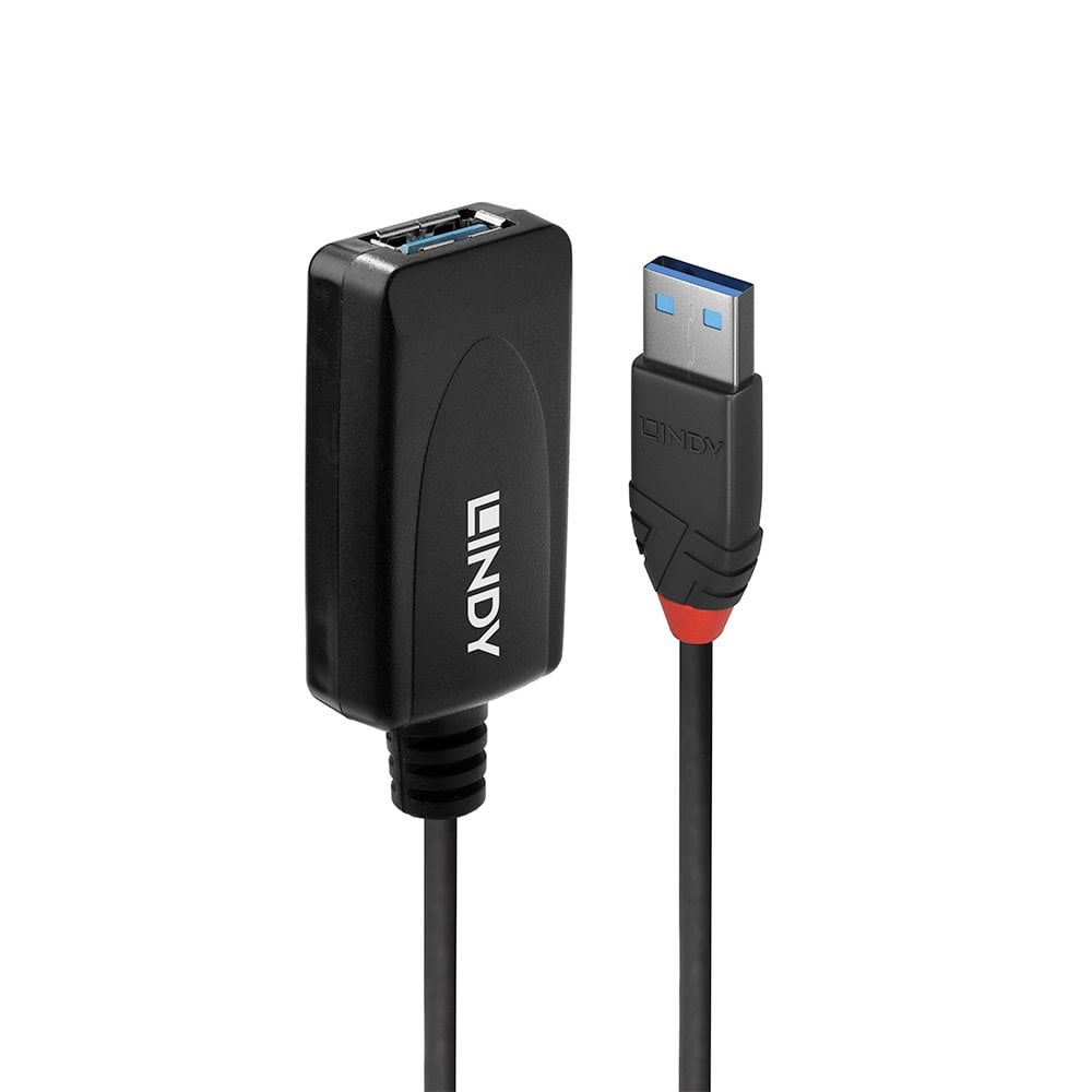 Lindy 5m USB 3.0 Active Extension Cable upright, with the black Lindy-branded female housing beside the USB-A male plug