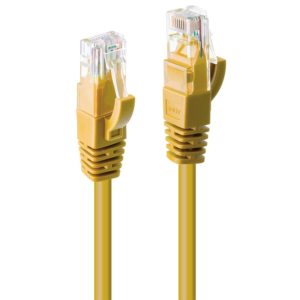 Close view of the two yellow RJ45 plugs on the Lindy 10m Cat6 U/UTP Gigabit network cable, showing the snagless boots and clear connector heads