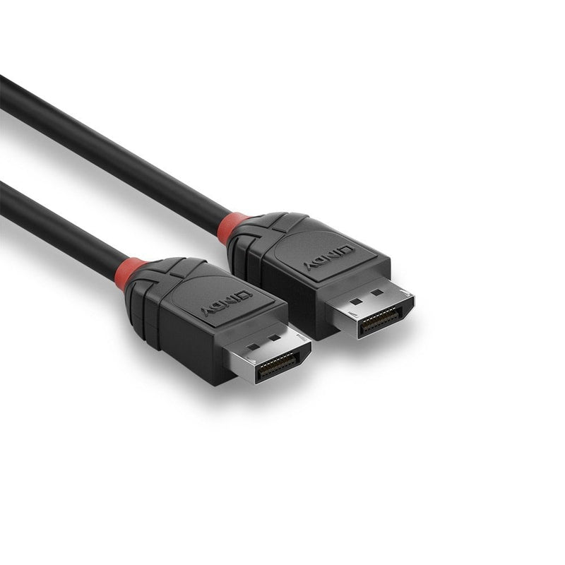 Lindy 3m DisplayPort 1.2 Cable Black Line, two black DisplayPort plugs with red collars lying side by side at an angle