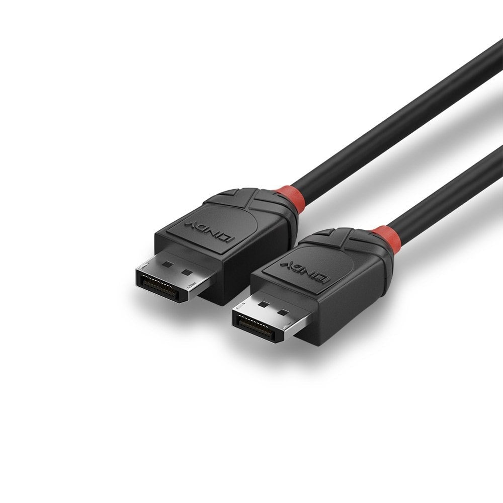 Lindy 3m DisplayPort 1.2 Cable Black Line, two DisplayPort plugs angled to the left showing the Lindy logo on the housings