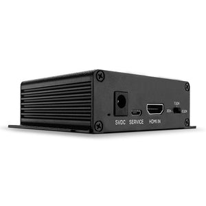 Lindy HDMI 4K60 Audio Extractor in black metal showing the 5VDC power socket, service port and HDMI input on one end