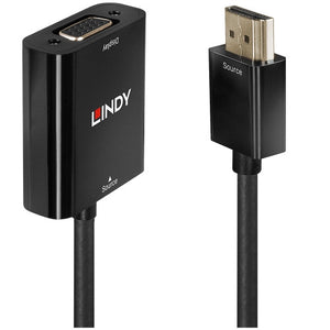 Lindy HDMI to VGA Converter in black, showing the VGA female socket on the housing and the HDMI Type A male plug on its short black lead