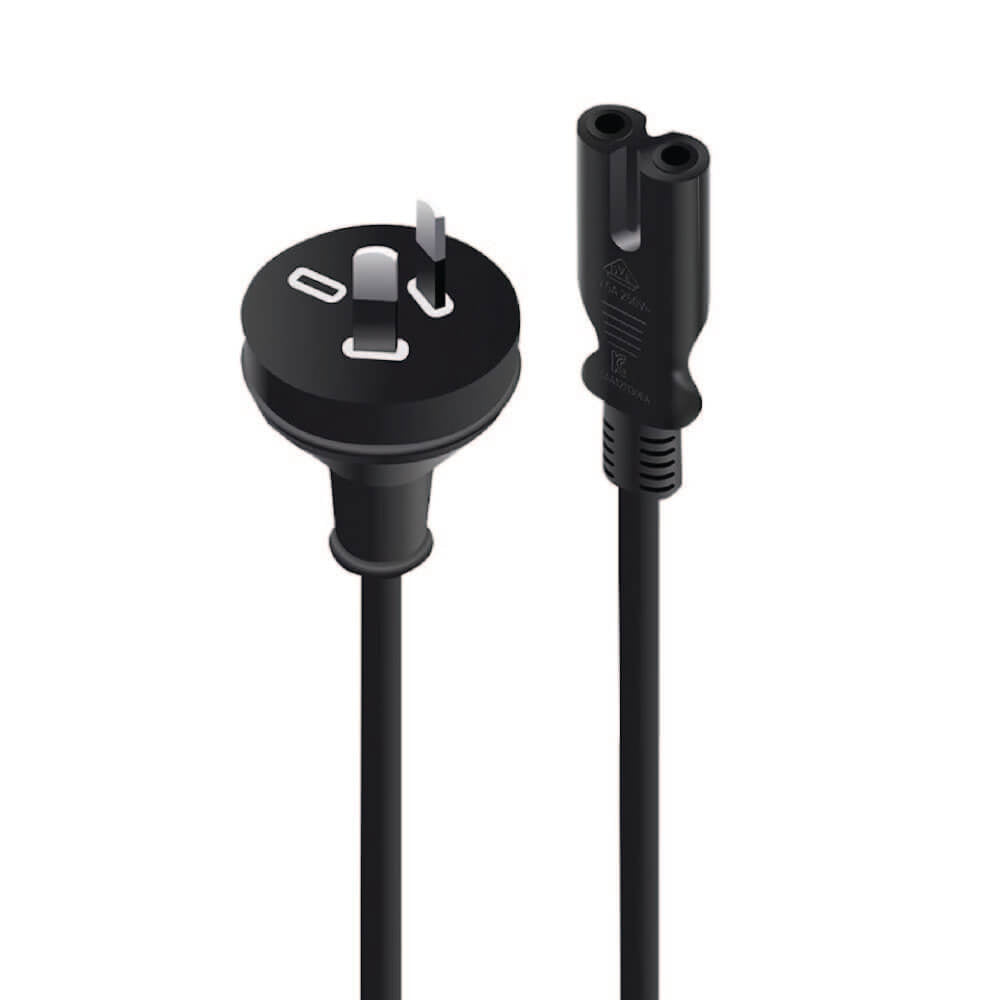 Lindy 2m Power Cable 10A 2-Pin Plug to IEC C7 Socket, close-up of the 2-pin plug and C7 figure 8 socket