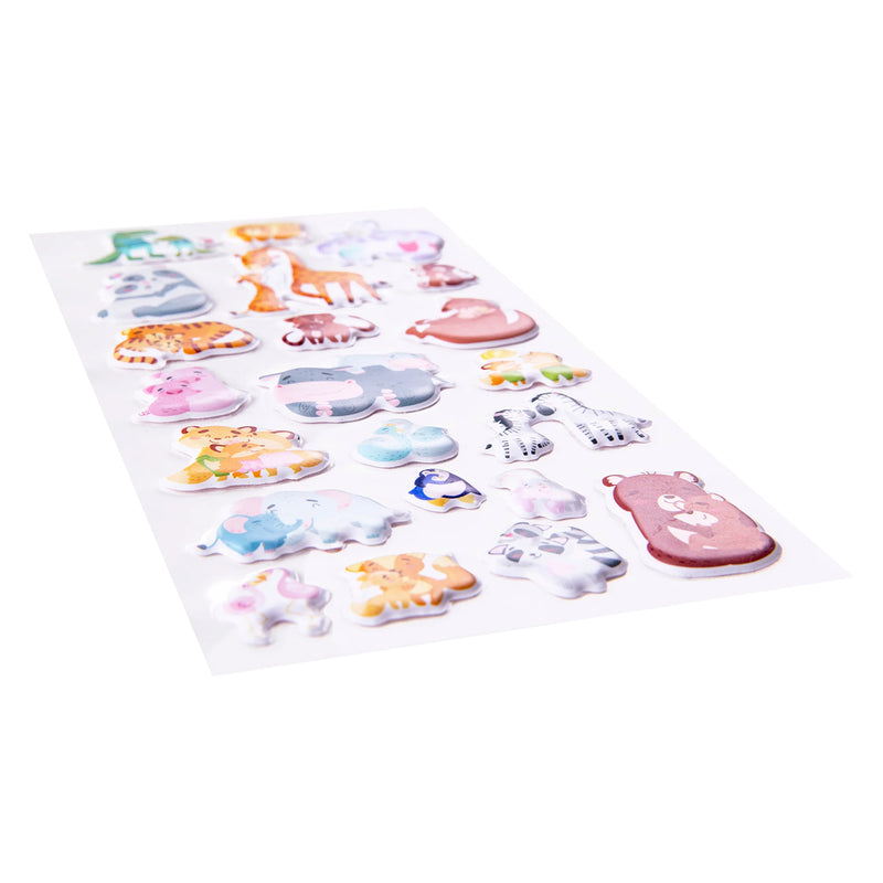 Angled close up view showcasing the dimensional puffy construction of the stickers. The raised surface highlights the colourful animal illustrations and soft family themed artwork designed for creative projects.