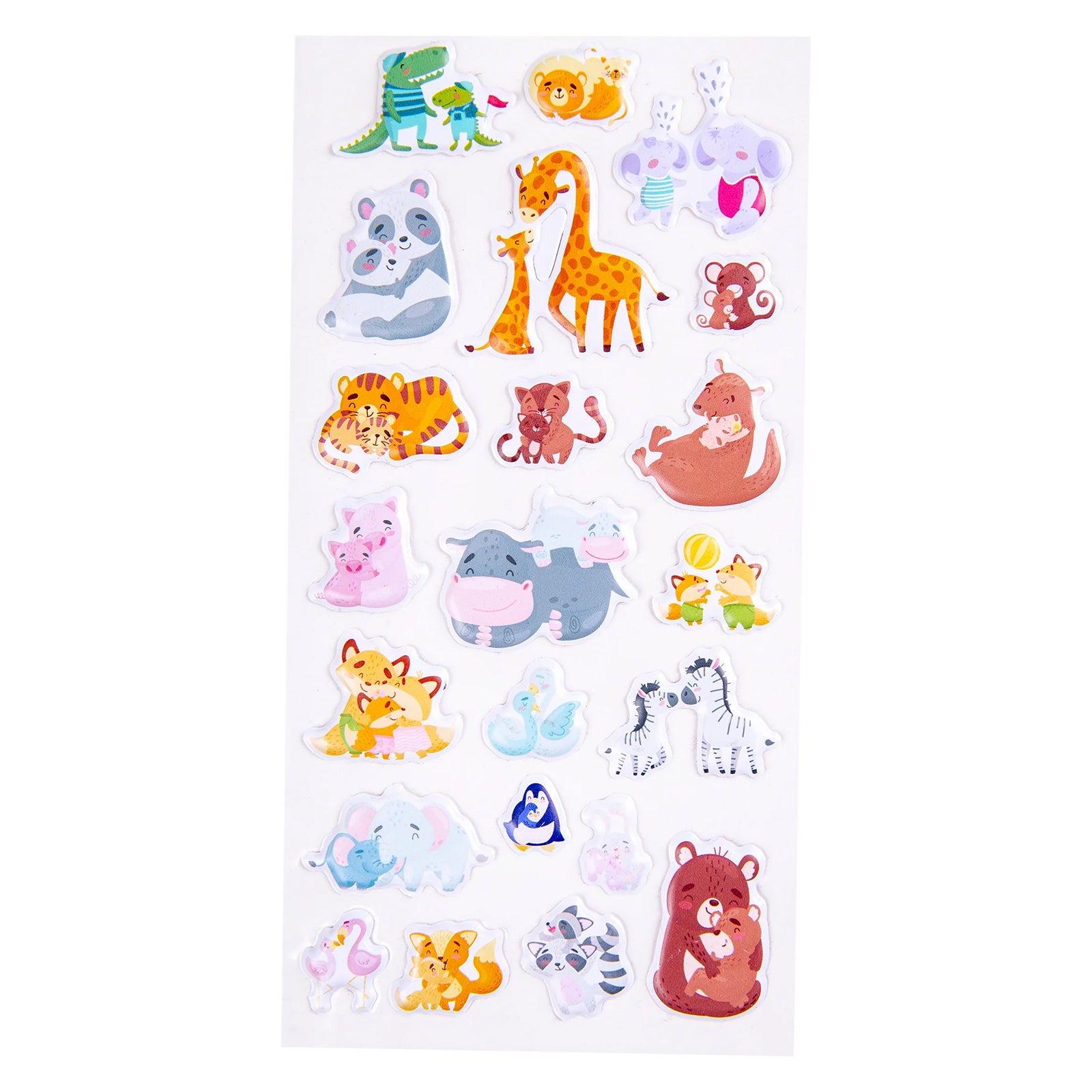 Complete Little Paws Big Love sticker sheet featuring 22 puffy stickers with affectionate animal families, playful wildlife characters and friendship themed illustrations in soft pastel colours.