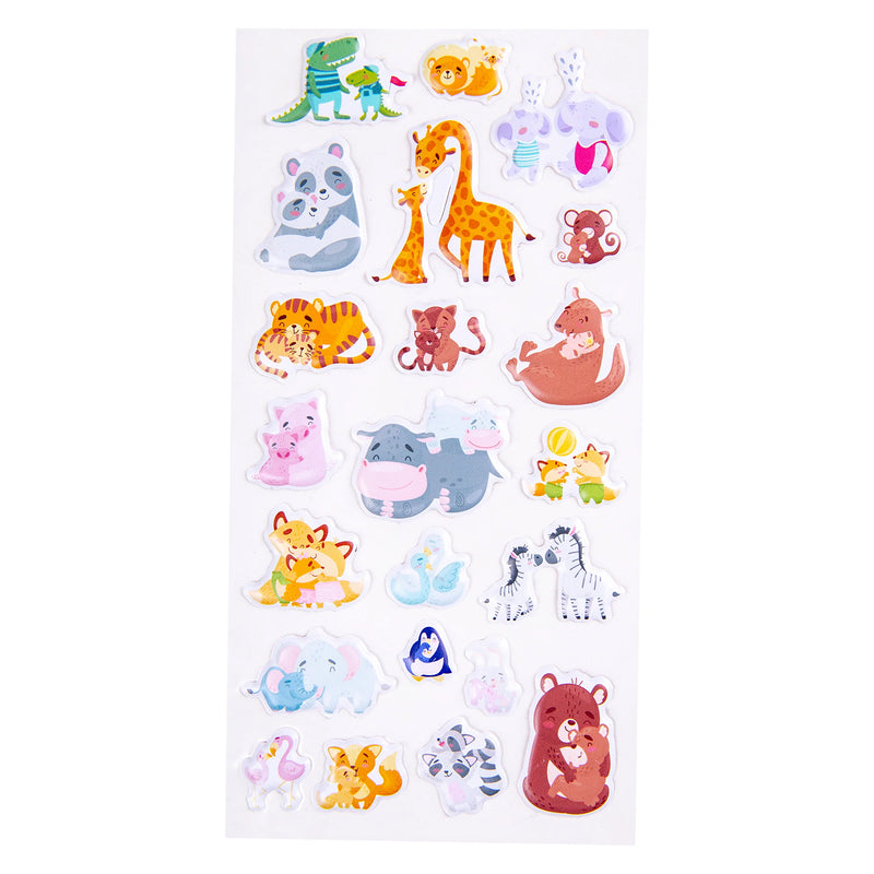 Complete Little Paws Big Love sticker sheet featuring 22 puffy stickers with affectionate animal families, playful wildlife characters and friendship themed illustrations in soft pastel colours.
