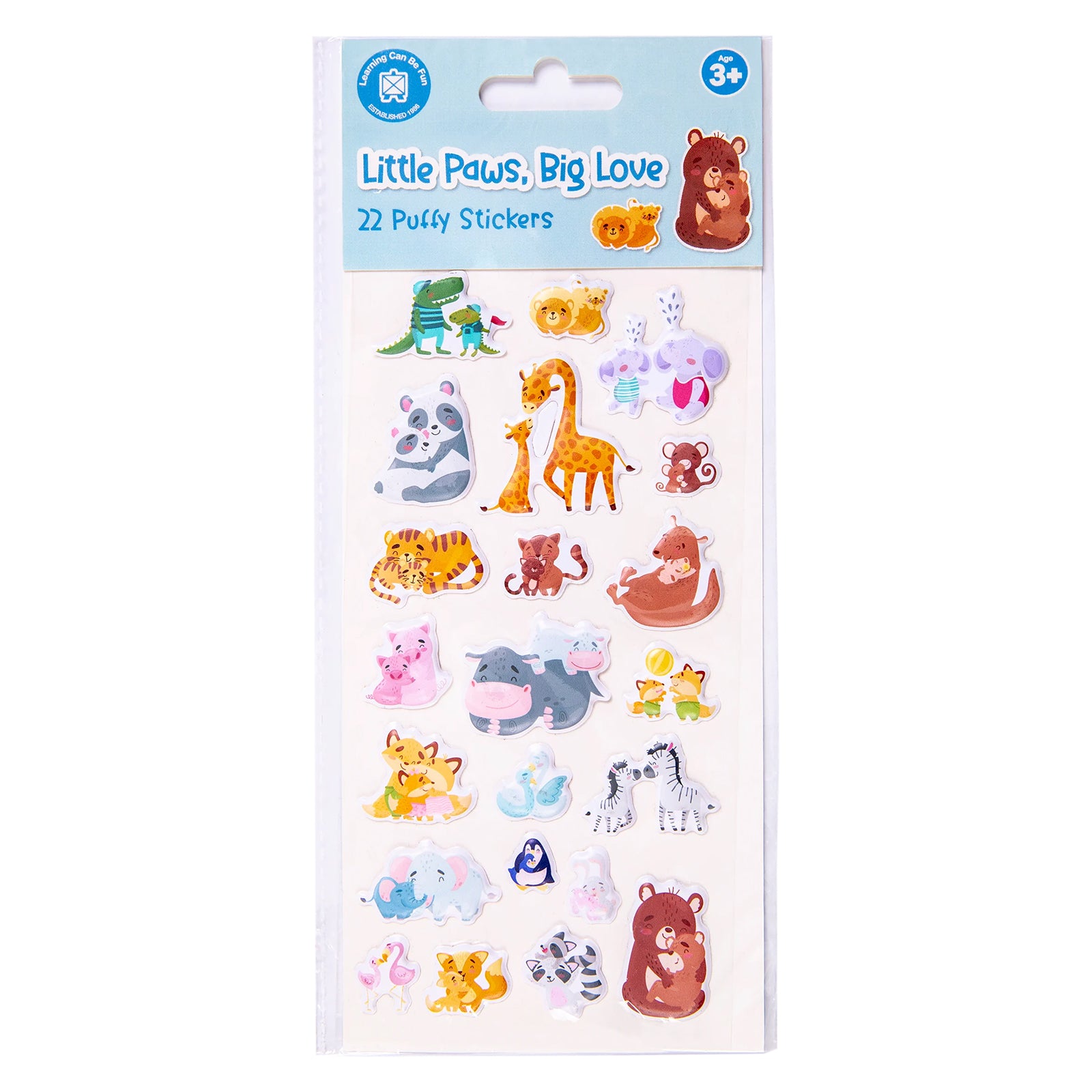 Retail packaging of the Learning Can Be Fun Little Paws Big Love Puffy Sticker Set containing 22 raised stickers. The packaging showcases the adorable animal family theme suitable for crafts, decorating and imaginative play.