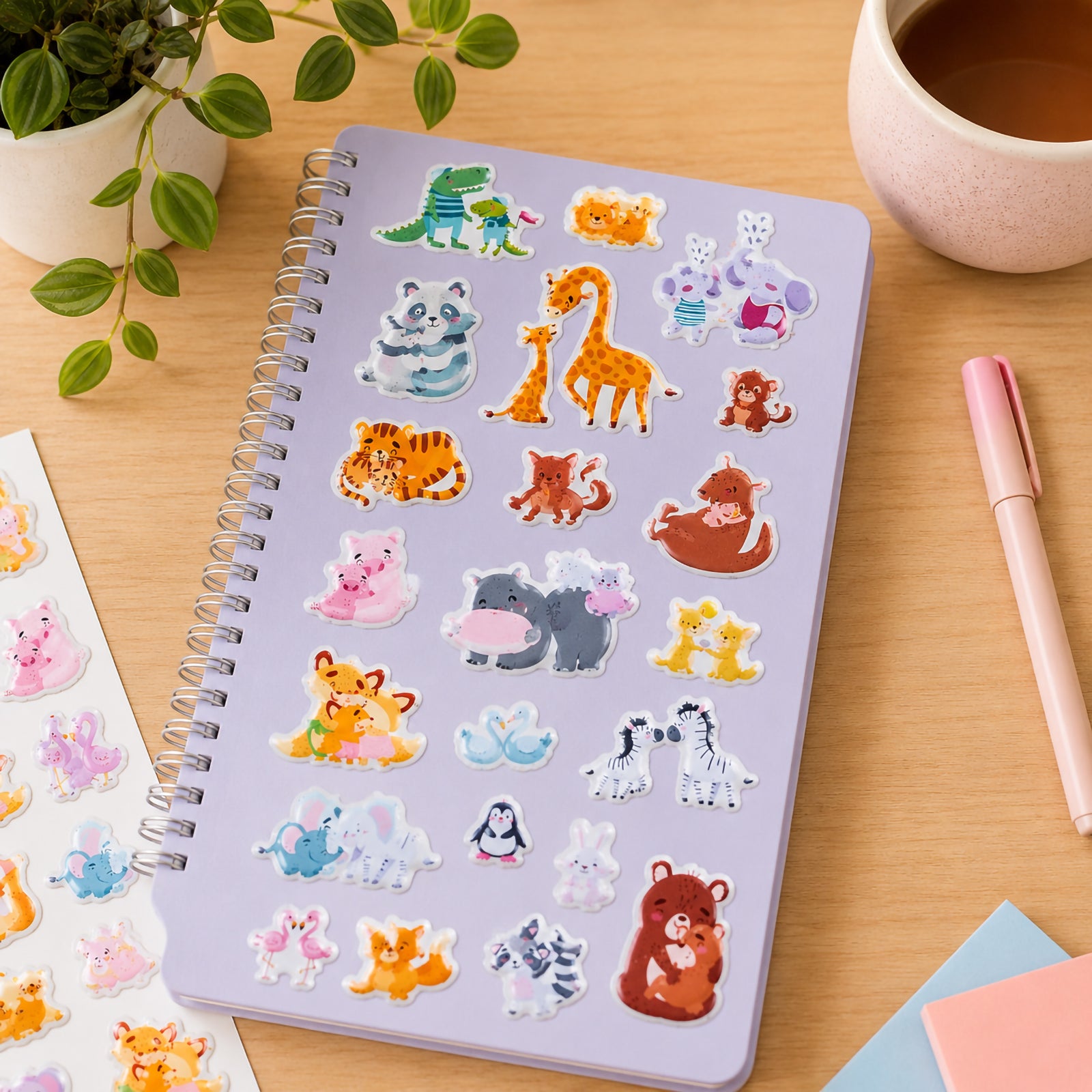 Purple notebook decorated with Little Paws Big Love puffy stickers featuring animal families including giraffes, pandas, bears, foxes and elephants. The colourful raised stickers create a heartwarming display that celebrates friendship, family and affection.