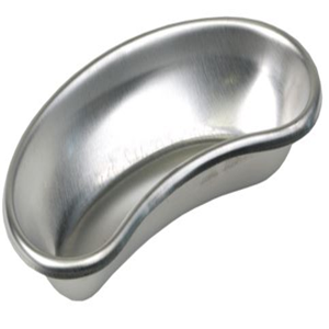 Livingstone stainless steel emesis kidney dish tray with deep rounded edges and mirror finish, shown from above at a slight angle on a plain white background