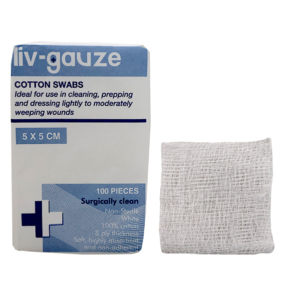 Livingstone white cotton gauze swabs 5 by 5cm 8 ply, loose folded squares shown in front of the paper-wrapped pack of 100 on a plain background