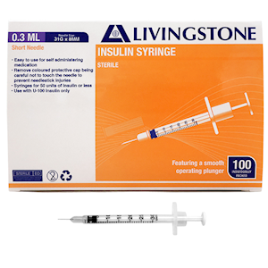 Livingstone 0.3mL insulin syringe with white plunger and fixed 31 gauge 8mm needle shown beside its box of 100, fine barrel graduations visible against a plain background