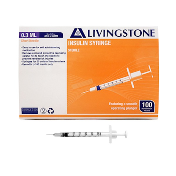 Livingstone 0.3mL insulin syringe with white plunger and fixed 31 gauge 8mm needle shown beside its box of 100, fine barrel graduations visible against a plain background