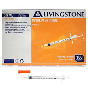 Livingstone 0.5mL insulin syringe with white plunger and fixed 31 gauge 8mm needle shown beside its box of 100, fine barrel graduations visible against a plain background