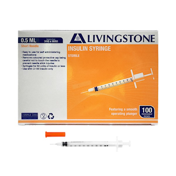 Livingstone 0.5mL insulin syringe with white plunger and fixed 31 gauge 8mm needle shown beside its box of 100, fine barrel graduations visible against a plain background