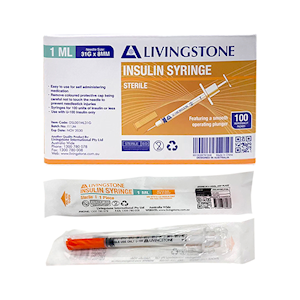 Livingstone 1mL insulin syringe with white plunger and fixed 31 gauge 8mm needle shown in front of its white and blue box of 100, clear barrel graduations visible against a plain background