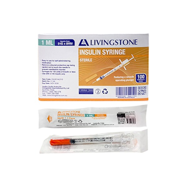 Livingstone 1mL insulin syringe with white plunger and fixed 31 gauge 8mm needle shown in front of its white and blue box of 100, clear barrel graduations visible against a plain background