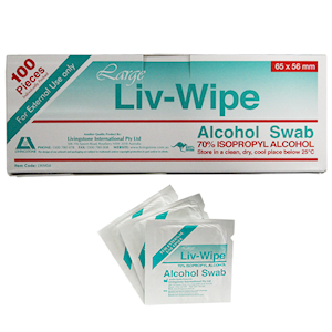 Livingstone Liv-Wipe bulk carton containing 50 boxes of 70 per cent isopropyl alcohol prep pads, shipping carton shown with a single retail box alongside on a plain background